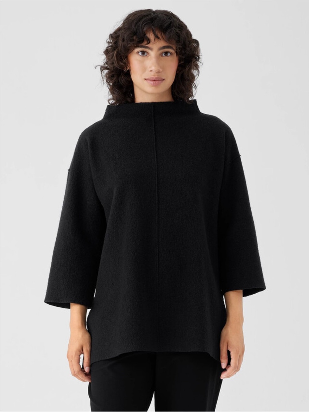 Eileen Fisher Boiled Wool Box Top sweater M black Funnel Neck cozy fall!